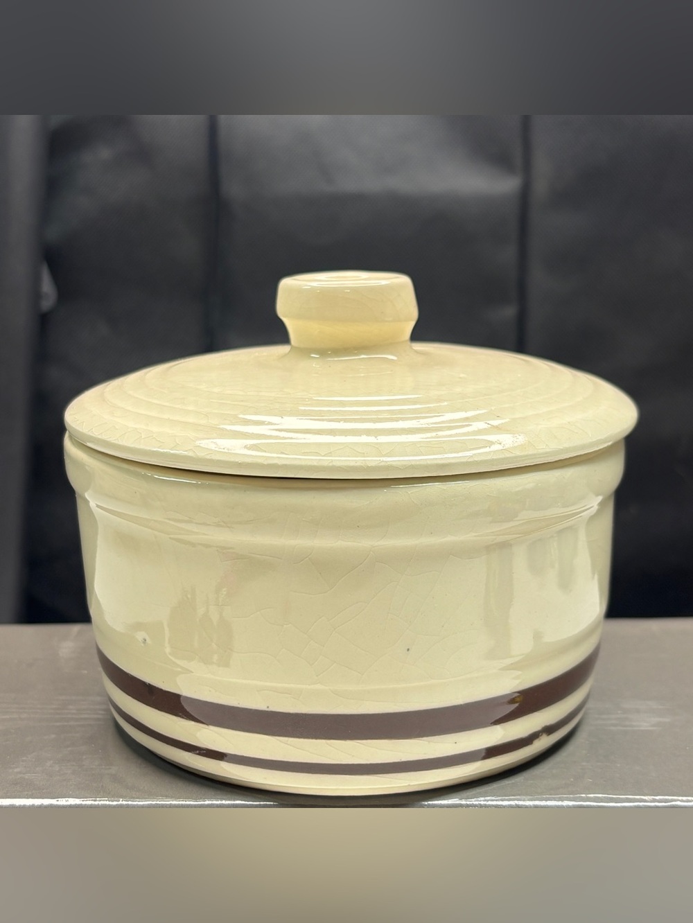 McCoy Brown Stiped Covered Dish  Ceramic USA Pottery Margarine Butter Vtg Granny